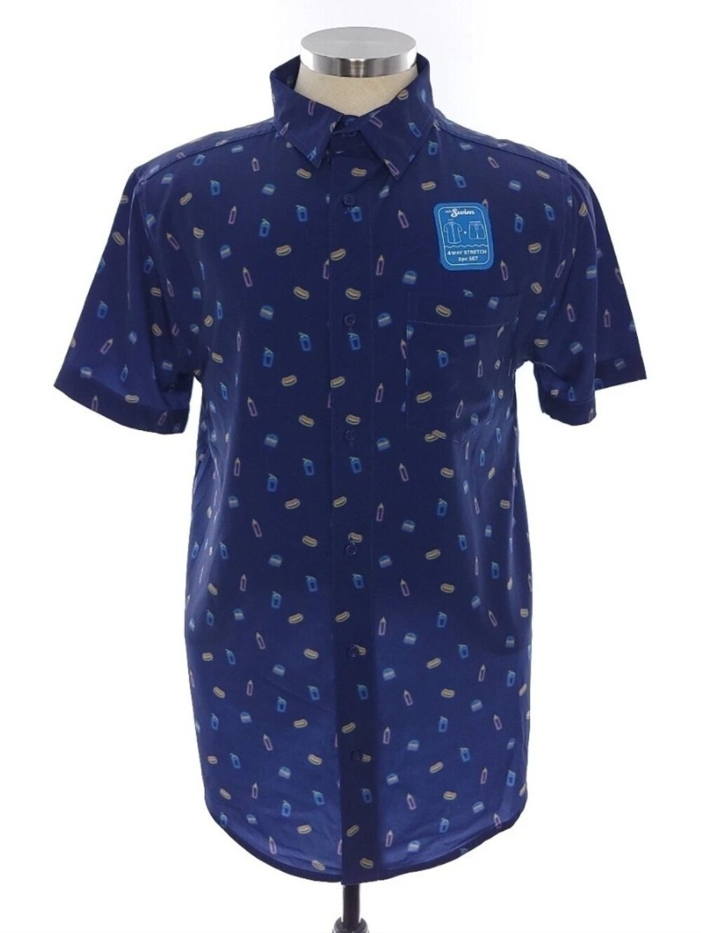 Mr. Swim 4 Way Stretch 2 Piece Swimwear Set Hotdogs Blue Shirt and Short UPF M